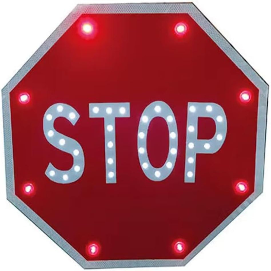 24 x 24inch Stop Sign, Solar Powered LED Flashing Stop Sign, Aluminum Octagon Road Signs Traffic LED Blinking Street