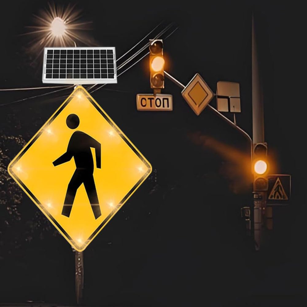 TREBGFE 24" Solar Powered Flashing Crosswalk Sign, Street Road Warning Traffic Sign, Outdoor Use, Weatherproof or Park School Urban/Road Community