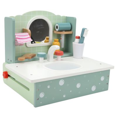 BTSEURY Kids Bathroom Sink Toys, Wooden Simulation Vanity Table Set with Beauty Accessories, for Toddler and Educational Role Playing