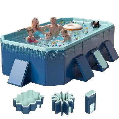 13 FT Foldable Rectangular Pool, Non-Inflatable Hard Composite Board Swimming Pool, Anti-Slip PVC Portable Kiddie Pool, Outdoor Garden Backyard Summer Water Party for Pets Family 13ft