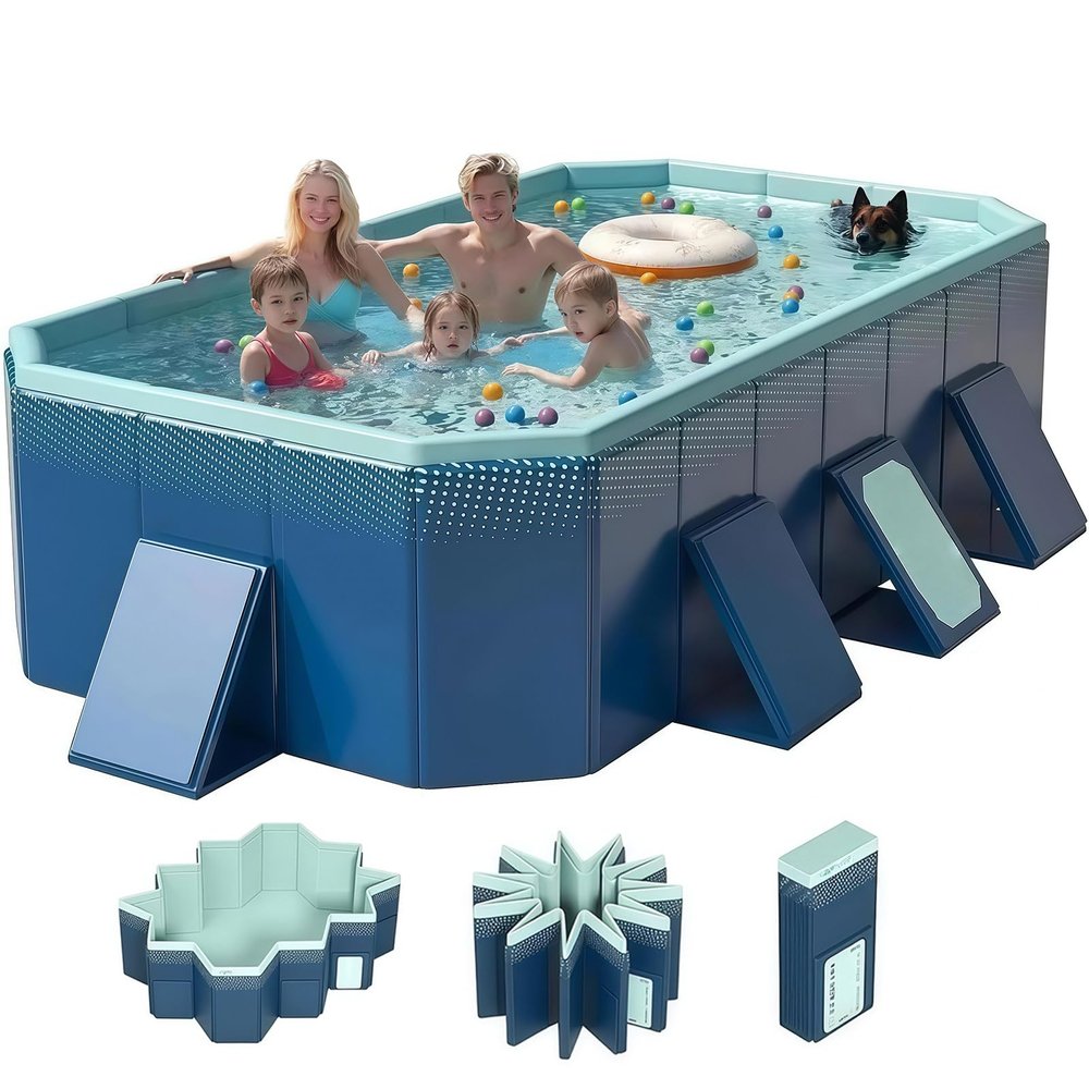 13 FT Foldable Rectangular Pool, Non-Inflatable Hard Composite Board Swimming Pool, Anti-Slip PVC Portable Kiddie Pool, Outdoor Garden Backyard Summer Water Party for Pets Family 13ft