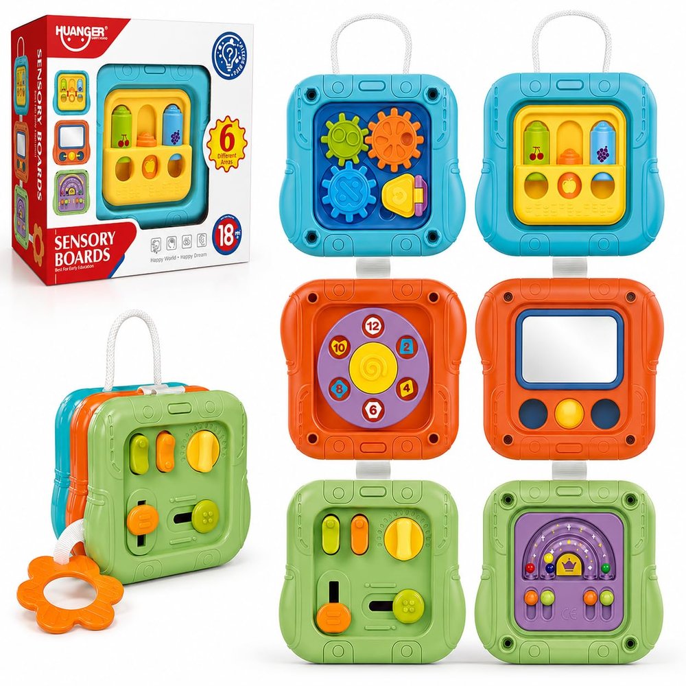 Koknwoa 6-in-1 Montessori Busy Board for Toddlers 1-3, Sensory Activity Board with Fine Motor Skills Toys, Portable Travel Toy, Educational Learning Toy for Boys and Girls Ages 1-3