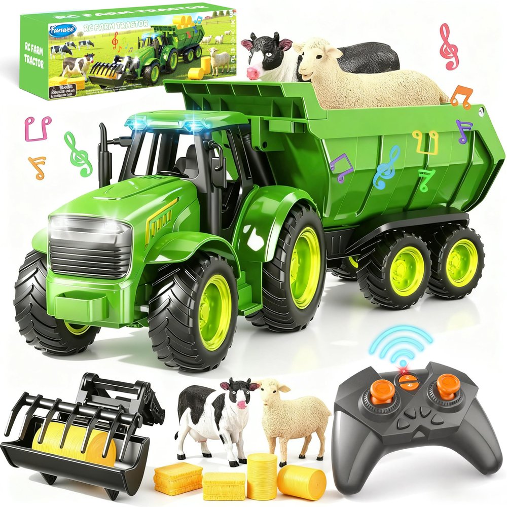 RC Farm Tractor Toy w/ Light & Music, Includes Loader, Trailer & Animals