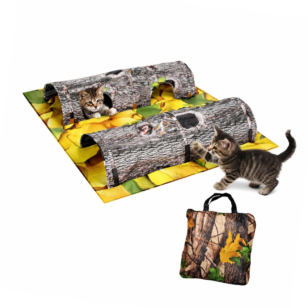 Natural Plan Puss Tunnel and Rest Mat for Play Hide Jump Sleep Highlighting 4 Cavities Pliable Machine Launderable 40x47 Inches Pliable Tunnel