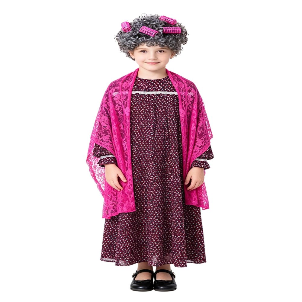 JEATHA Girls Grandma Dress with Lace Shawl 100 Day School Cosplay Costumes Stage Performance Outfit Hot Pink 10 Years