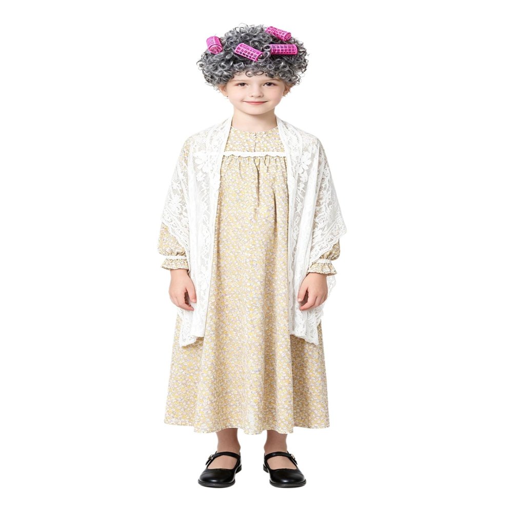 ACSUSS Girls 100th Day of School Outfit Grandma Dress with Lace Shawl Stage Performance Pretend Play Sets White 12 Years