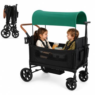 VRHOT Wagon Stroller for 2 Kids, Kids Wagon with Canopy and Seats, 2 Seater Wagon Stroller with Safety Harness, Foot Brake, Storage Basket