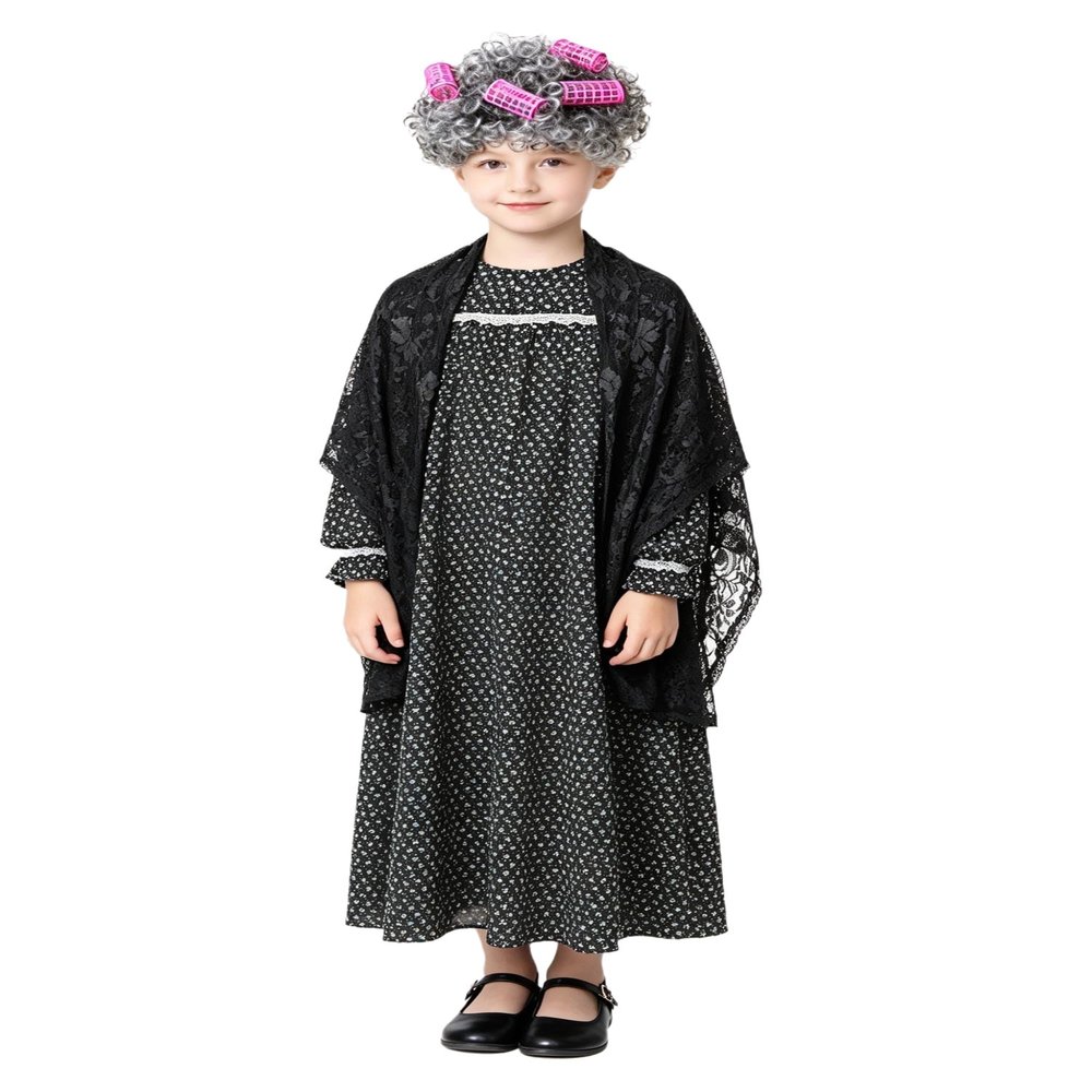 ACSUSS Girls 100th Day of School Outfit Grandma Dress with Lace Shawl Stage Performance Pretend Play Sets Blue 4 Years