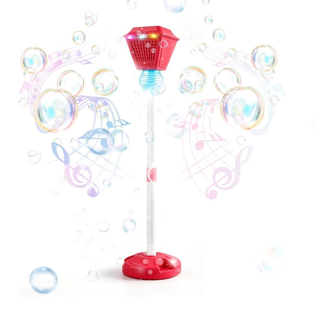 2Pcs Standing Bubble Machine, Rechargeable Automatic Bubble Maker with Light Music, 3-Level Adjustable Heights, Detachable Bubble Wand for Outdoor Party Wedding and Event Decor (Red-2Pcs)
