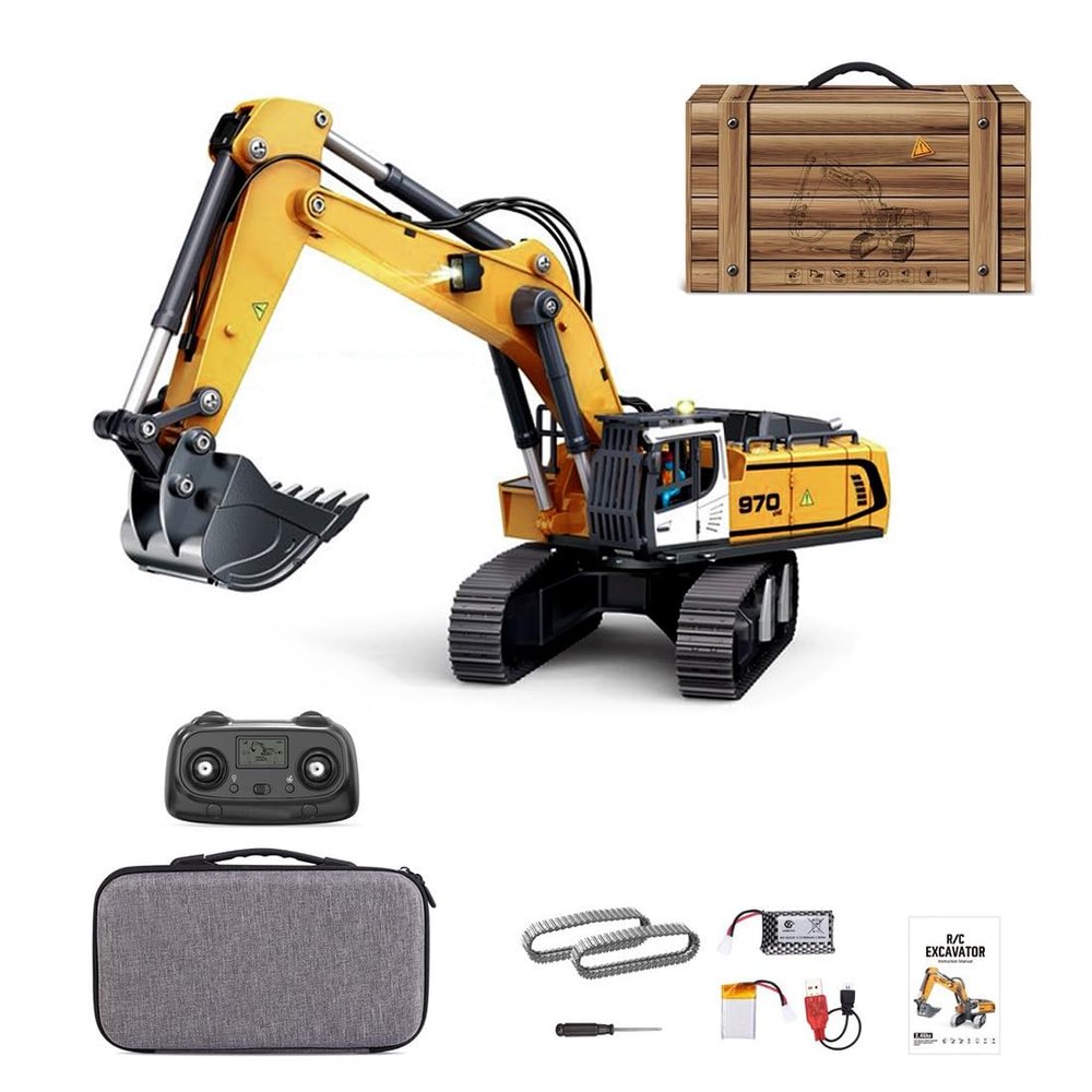 OBIOCKIDAY 1/50 Remote Control Excavator, 2.4G 26CH 3KM/H Metal RC Excavator Digger with 360 Infinite Rotation/Light Sound Effects, Engineering Truck RC Construction Vehicle Gift -RTR