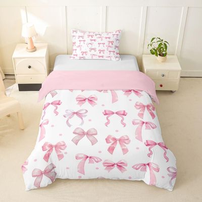 jejeloiu Cute Pink Bow Duvet Cover Toddler Size Kawaii Ribbon Bow Knot Bedding Set for Boys Girls Dreamy Princess Bowknot Comforter Cover Bedroom Decor 2Pcs No Comforter