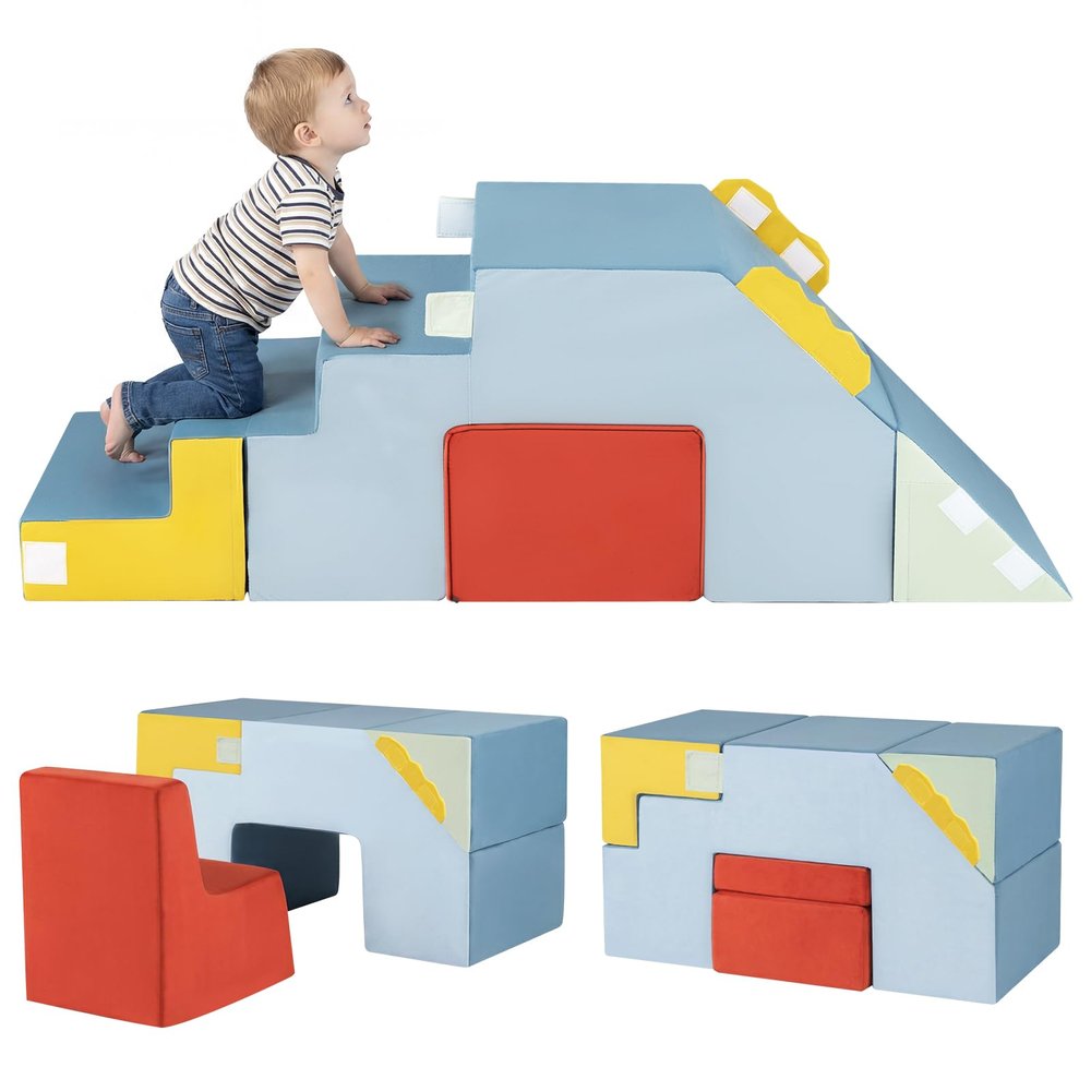 Costzon Toddler Climbing Toys Indoor, Soft Foam Climbing Blocks for Crawling & Sliding, Velvet Cover, Convertible Table & Chair Set for 12+ Months Boy & Girl, Foam Play Gym Climber Structure, Colorful