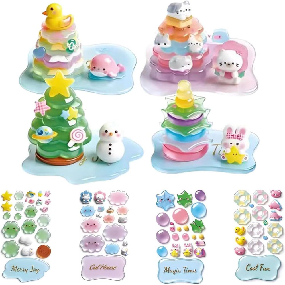 3D Stackable Stickers, DIY Crystal 3D Stacking Puffy Resin Kit, Cute Cartoon Layered Mini Scenes, Reusable Crafts for Adults, Desk Decor, Creative Gift (4mix-a)