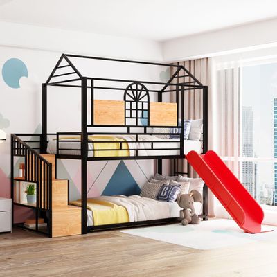 Merax Twin Over Twin Metal House Bunk Bed with Slide, Storage Stair, Full-Length Guardrails, Space-Saving Playhouse Design, Black Bed Frame with Red Slide