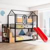 Merax Twin Over Twin Metal House Bunk Bed with Slide, Storage Stair, Full-Length Guardrails, Space-Saving Playhouse Design, Black Bed Frame with Red Slide view 1