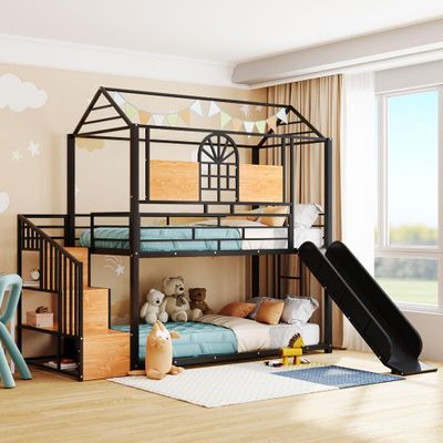 Merax Twin Over Twin Metal House Bunk Bed with Slide, Storage Stair, Full-Length Guardrails, Space-Saving Playhouse Design, Black Bed Frame with Black Slide