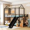 Merax Twin Over Twin Metal House Bunk Bed with Slide, Storage Stair, Full-Length Guardrails, Space-Saving Playhouse Design, Black Bed Frame with Black Slide view 3