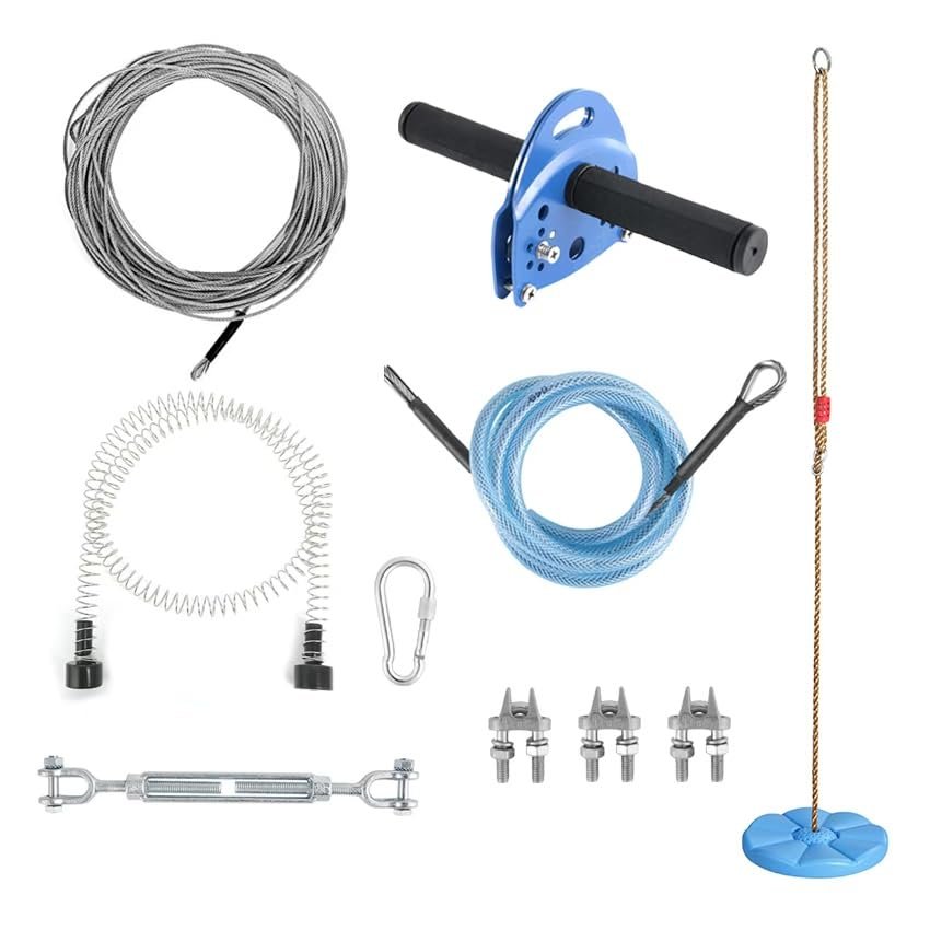 Zip Line Kits for Backyard 127 Ft Zip Line Kit for Kids and Adult Up to 330 Lb with Swing Seat Ziplines Stainless Steel Spring Brake, Cable Tensioning Kit Connecting Buckles for Outdoor Playground