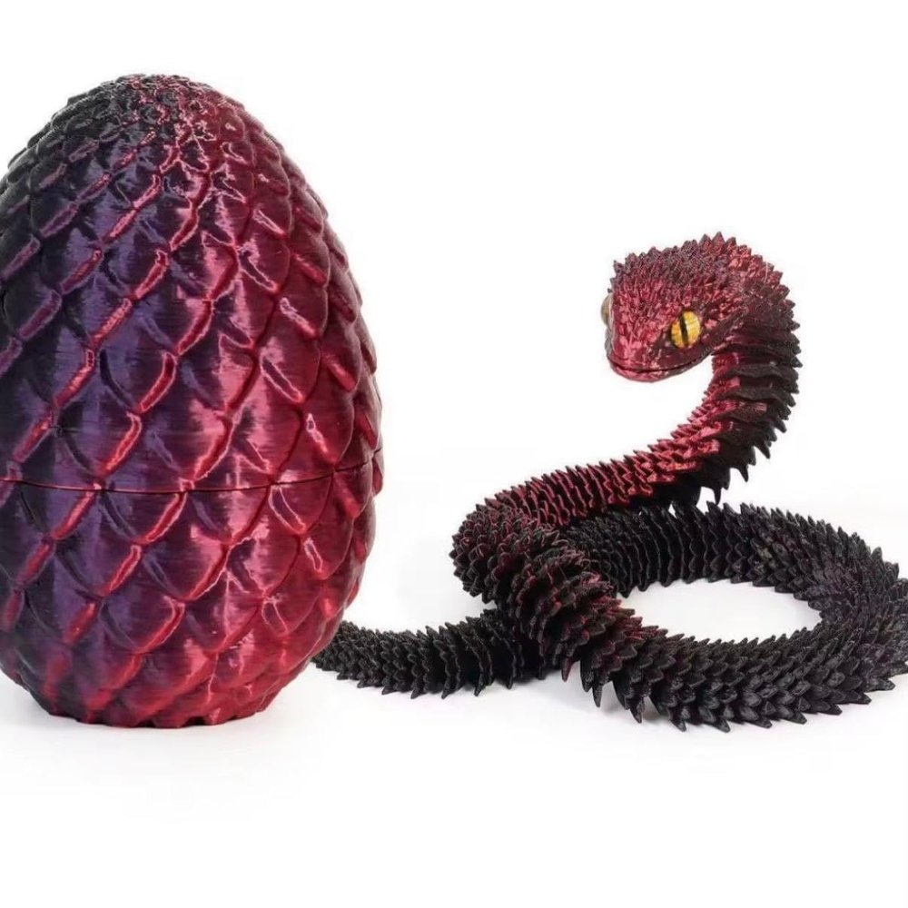 12 Inch 3D Printed Dragon Snake with Egg, Articulated Fidget Toy, Red and Black, Fantasy Theme
