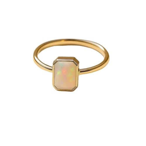 Ethiopian Opal Ring for Women & Men, White Milky Opal with Rainbow Fire, 925 Sterling Silver Gold Plated, Minimalist Handmade Engagement Promise Ring, October Birthstone Jewelry