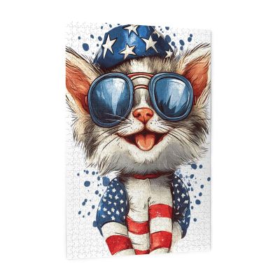 RMYRHQ Funny American Flag Cat with Sunglasses Wooden Jigsaw Puzzles for Adults 1000 Pieces Whimsical Patriotic Cat Wood Puzzle 4th of July Party Decor Perfect for Memorial Day and Labor Day Gift