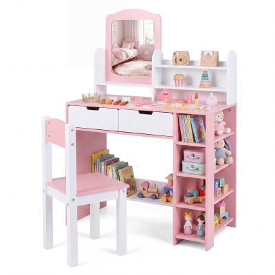 Costzon Kids Vanity Set with Mirror and Chair, Princess Makeup Dressing Desk with Storage Shelves & Drawers, Wooden Toddler Vanity Table and Chair Set for Little Girls, Pink & White