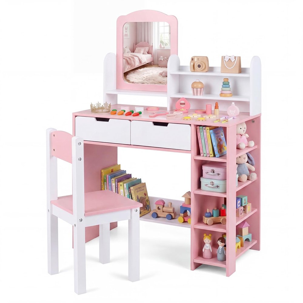 Costzon Kids Vanity Set with Mirror and Chair, Princess Makeup Dressing Desk with Storage Shelves & Drawers, Wooden Toddler Vanity Table and Chair Set for Little Girls, Pink & White