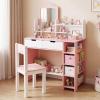 Costzon Kids Vanity Set with Mirror and Chair, Princess Makeup Dressing Desk with Storage Shelves & Drawers, Wooden Toddler Vanity Table and Chair Set for Little Girls, Pink & White view 2