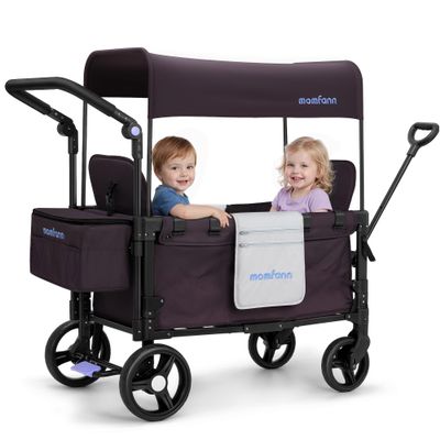 MOMFANN Wagon Stroller for 2 Kids, All-Terrain Foldable Baby Wagon with Adjustable Push & Pull Handle, 5-Point Harness, Removable Canopy, Footwell & Large Storage Bag-Purple