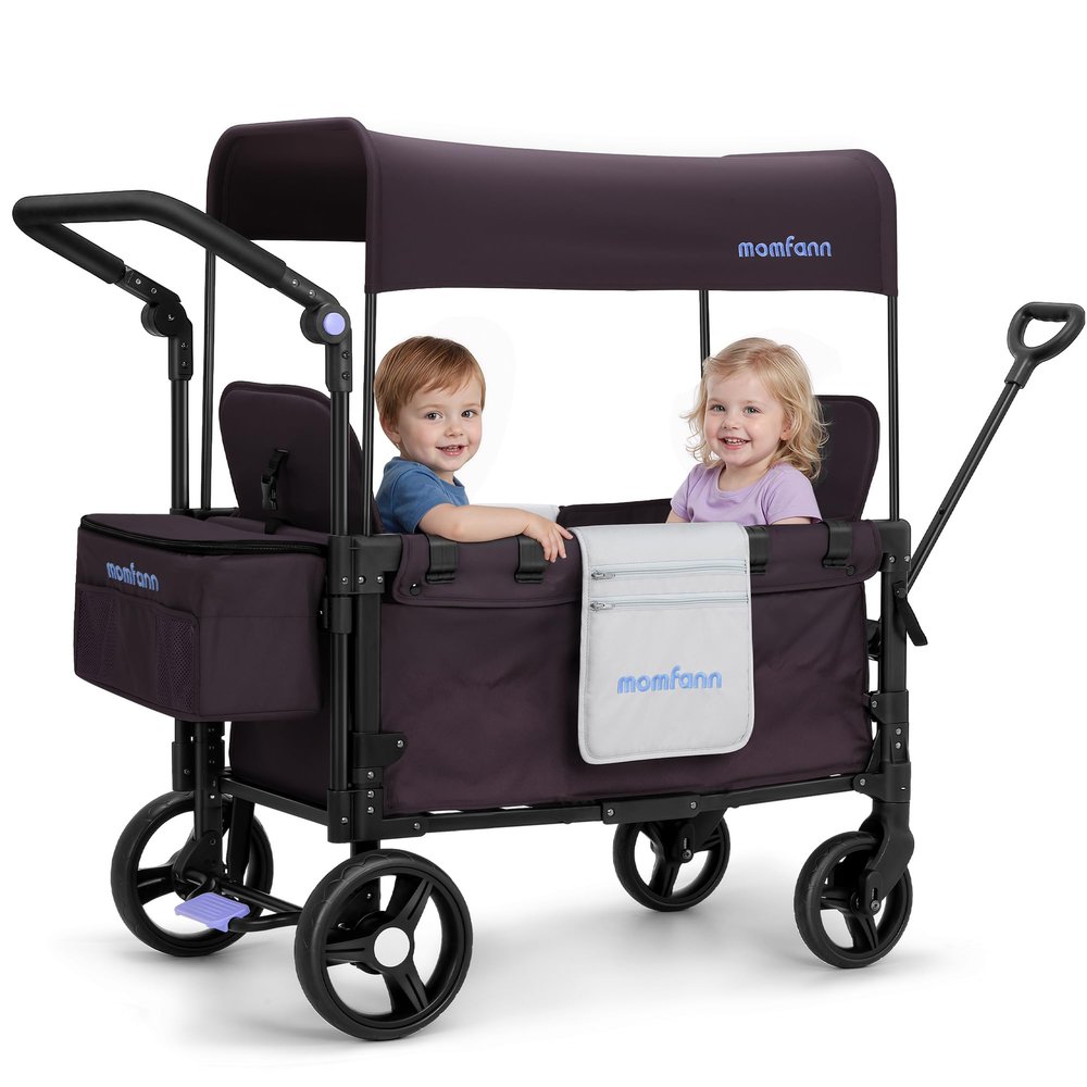 MOMFANN Wagon Stroller for 2 Kids, All-Terrain Foldable Baby Wagon with Adjustable Push & Pull Handle, 5-Point Harness, Removable Canopy, Footwell & Large Storage Bag-Purple