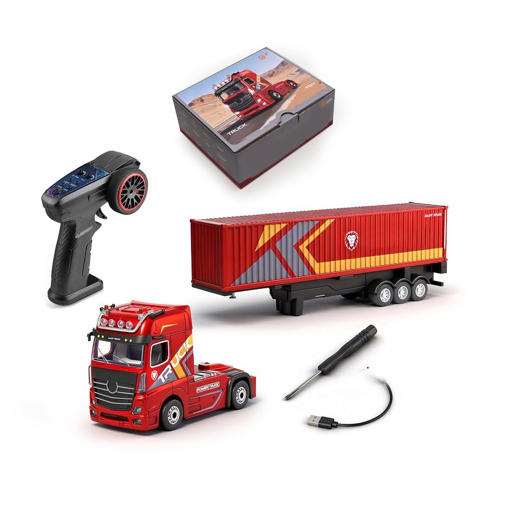 ConsoleXpress RC Semi Truck with Trailer, 1/64 Scale 2.4GHz 4WD RC Container Truck Model with Adjustable Container, LED Lights and Three Speed Control, Vehicle Model Gifts for Adults & Youth