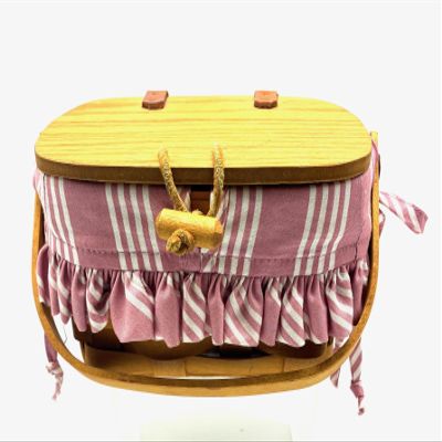 Longaberger Kiddie Purse Basket, Classic Stain, with Pink Striped Ruffled Liner, Leather Hinged Lid, and Protector
