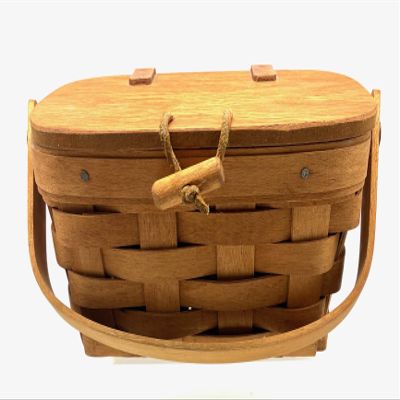Longaberger Kiddie Purse Basket, Warm Brown, Leather Hinged Lid with Wood Toggle Fastener, 1992