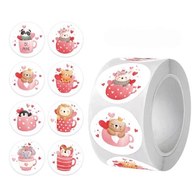 500Pcs Valentine's Day Animal Stickers Roll, 1 Inch Round Cup Animal Labels, Cute Love Heart Stickers for Kids, Envelope Seals, Water Bottle, Scrapbook, Laptop, Classroom Rewards, Party Favors