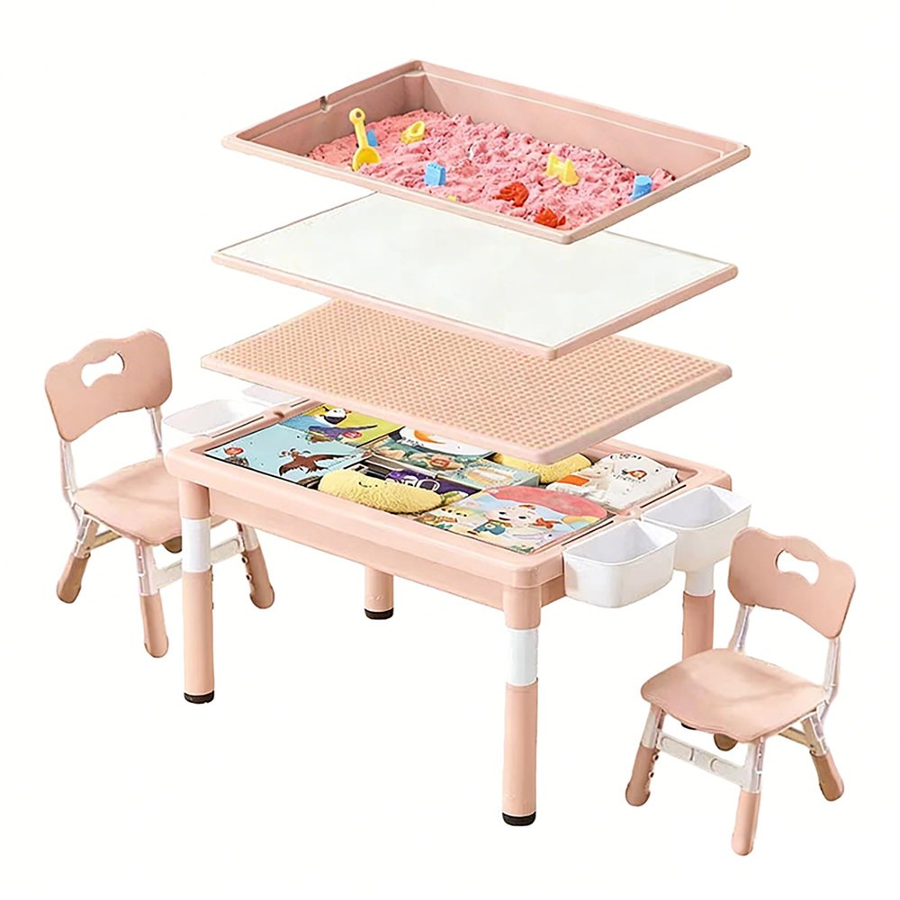 UNICOO Kids Sand and Water Table, Toddler Activity Table with Storage Bins, Multi-Functional Play Table for Drawing, Building Blocks, Sensory Play, Indoor Outdoor Toy for Boys Girls (White & Pink)