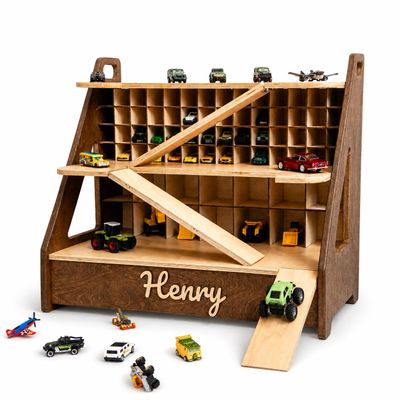 Personalized Wooden Toy Car Garage for Kids, 70-Car Storage Organizer with Name, Display Shelf for Toy Car Collection