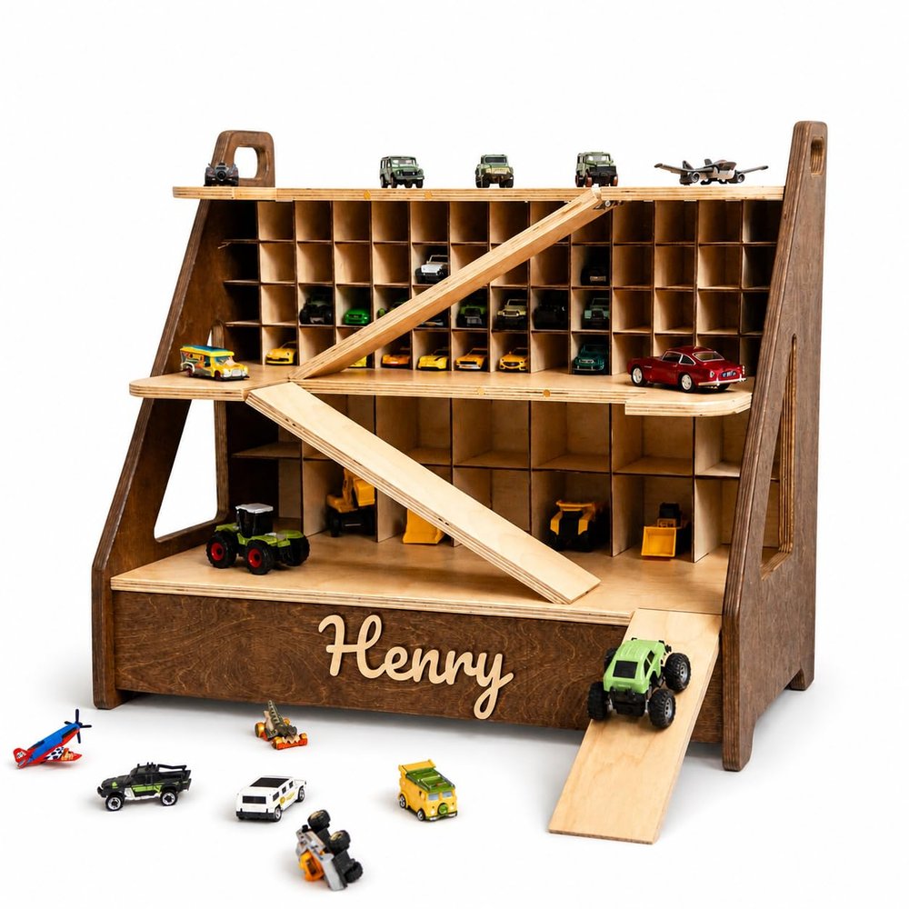 Personalized Wooden Toy Car Garage for Kids, 70-Car Storage Organizer with Name, Display Shelf for Toy Car Collection