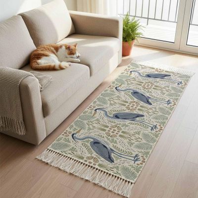 Entryway Door Mat 2'x 4', Cartoon Egret Non Slip Washable Throw Rug with Tassels, Country Bird Leaves Coral Fish Plants Woven Reversible Indoor/Outdoor Rug for Doormat, Porch, Kids Room