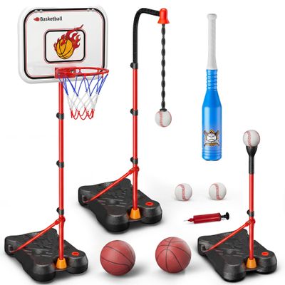 Kids Basketball Hoop Set with T Ball Stand, 4 in 1 Adjustable Kids Sports Toy Indoor Outdoor, Basketball Goal for Kids 2 to 8, Easy Setup, Durable Base, Gift Toy