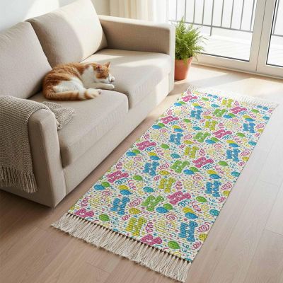 Entryway Door Mat 2'x 4', Happy Birthday Non Slip Washable Throw Rug with Tassels, Cartoon Colorful Star Ribbon Balloon Woven Reversible Indoor/Outdoor Rug for Doormat, Porch, Kids Room