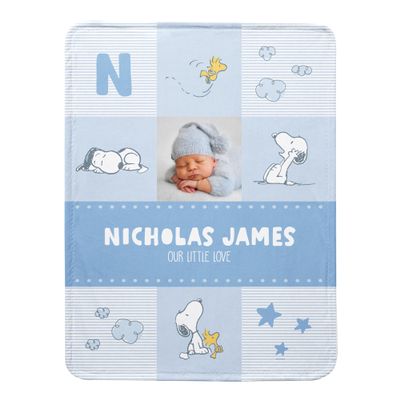 Let's Make Memories Personalized Baby Blanket - Welcome New Baby - Newborn Gift for New Parents - Peanuts - Custom Photo and Name - Small - Snoopy Baby Love - Blue - Plush - 30x40