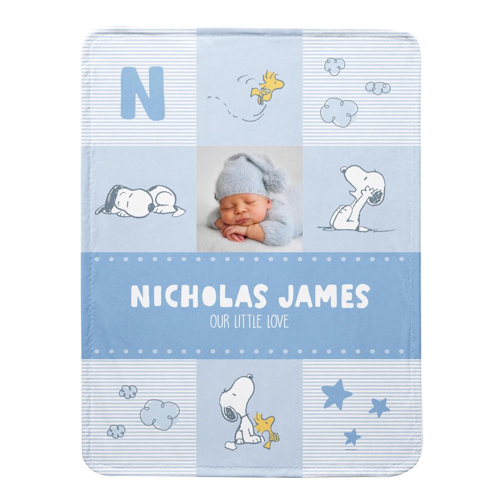 Let's Make Memories Personalized Baby Blanket - Welcome New Baby - Newborn Gift for New Parents - Peanuts - Custom Photo and Name - Small - Snoopy Baby Love - Blue - Plush - 30x40