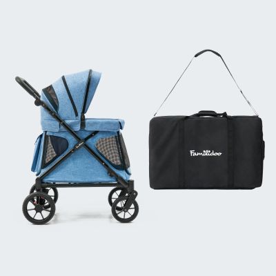 Familidoo Q1 2.0 Multi-Use Kids Wagon Stroller Foldable, Lightweight & All-Terrain for Kids & Pets Magnetic Safety Harness, Rain Cover and Travel Bag Up to 132 lbs (Denim Blue)