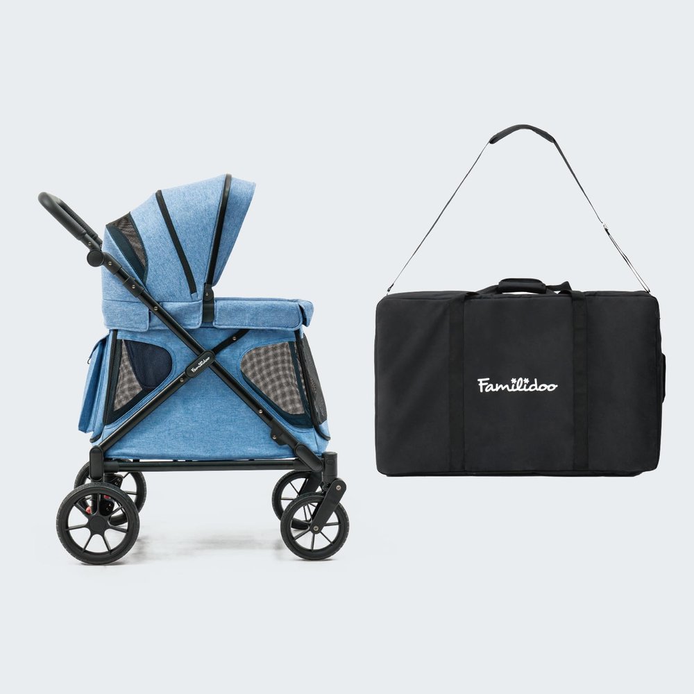 Familidoo Q1 2.0 Multi-Use Kids Wagon Stroller Foldable, Lightweight & All-Terrain for Kids & Pets Magnetic Safety Harness, Rain Cover and Travel Bag Up to 132 lbs (Denim Blue)