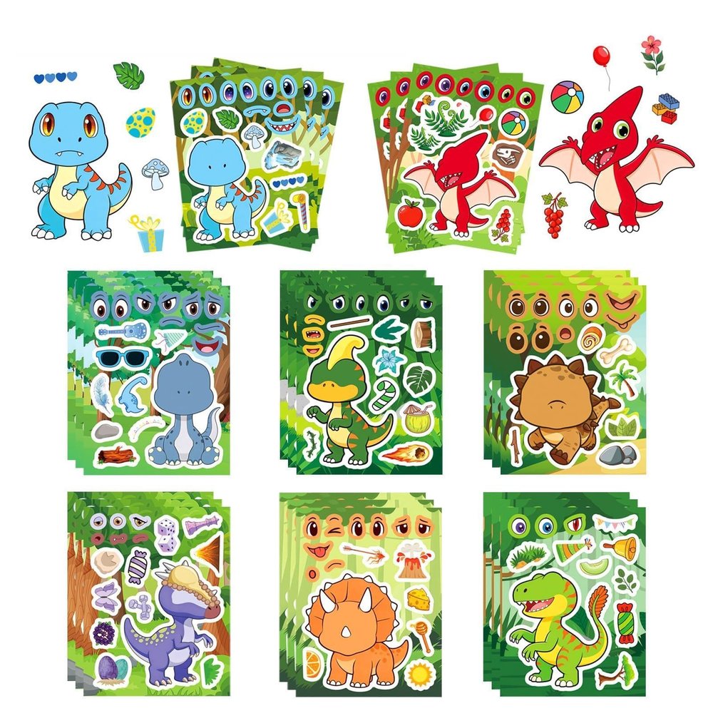 8 Sheets Make Your Own Dinosaur Stickers, Reusable DIY Face Decals for Scrapbooks, Journals & Themed Decor Ages 12+ (Dinosaur)