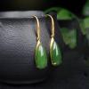 Green Jade Drop Earrings, Gold-Tone Hook, Teardrop Shape, Dangle Style with Crystal Accents view 3