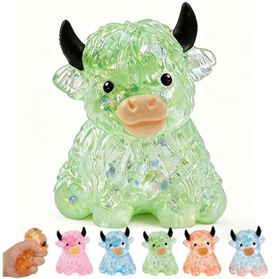 Glitter Highland Cow Squishy, Highland Cow Stress Ball Soft Slow Rising Stress Relief Ball, Cute Sensory Squeeze Anxiety Relief Desk Decor for Adults Cow Lovers (Green)