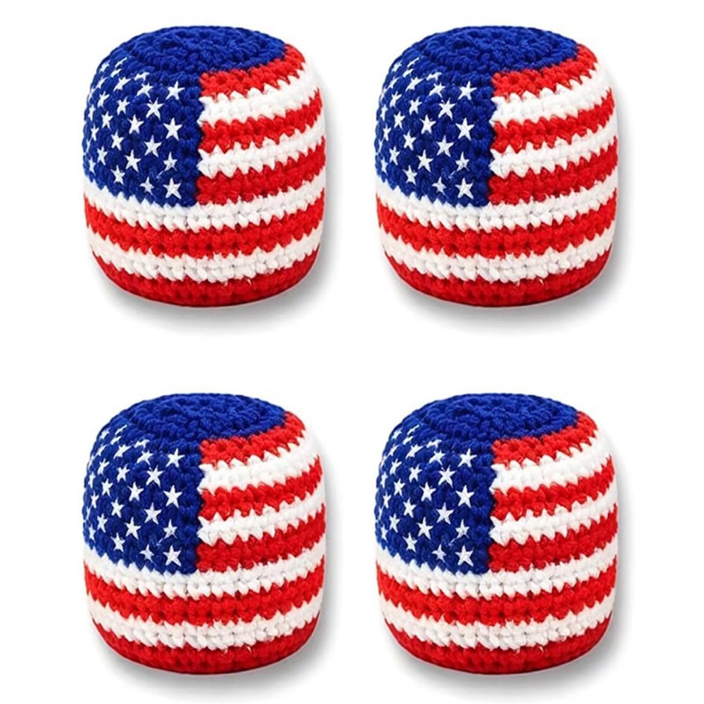 4PCS Woven Footbags for Adults & Kids, USA Flag Juggling Balls, Handmade Crochet Kick Bags for 4th of July Outdoor Party Games