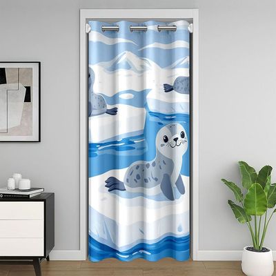 Cartoon Seal Doorway Curtains Privacy Cute Nature Wildlife Kids Room Decor Blackout Curtain Glacier Snow Mountain Closet Door Curtain Blue Ocean Kawaii Sea Animal Room Divider Drape 52"W x 80"L