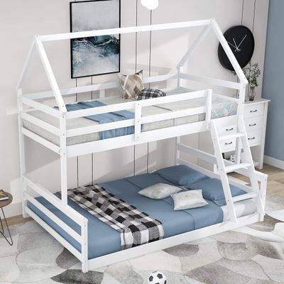 Twin Over Full House Bunk Bed with Built-in Ladder White, Space-Saving Playhouse, Durable Wood Frame